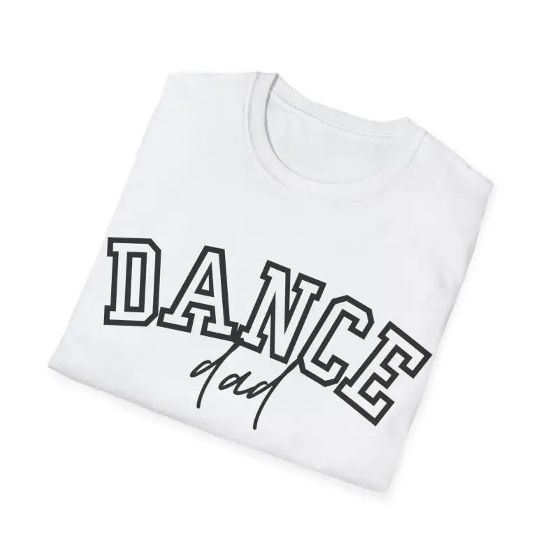 White t-shirt with ’DANCE’ text printed in black outline lettering.