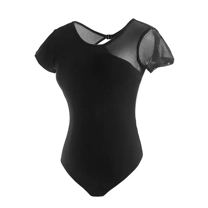Black short-sleeved dance leotard with mesh shoulder detail.