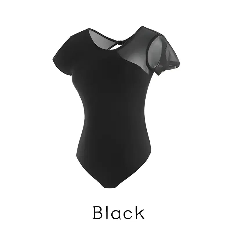 Black dance leotard with mesh cap sleeves.