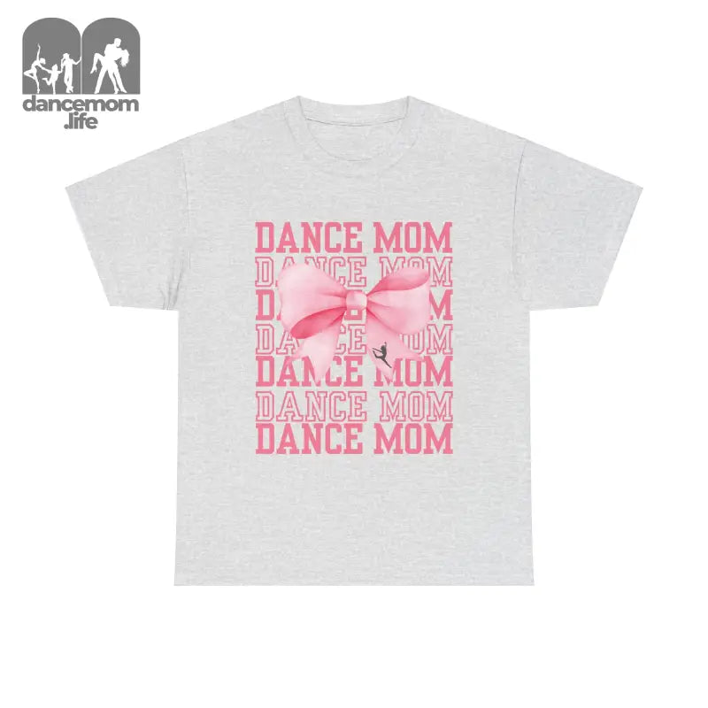 White t-shirt with pink ’DANCE MOM’ text and bow design.