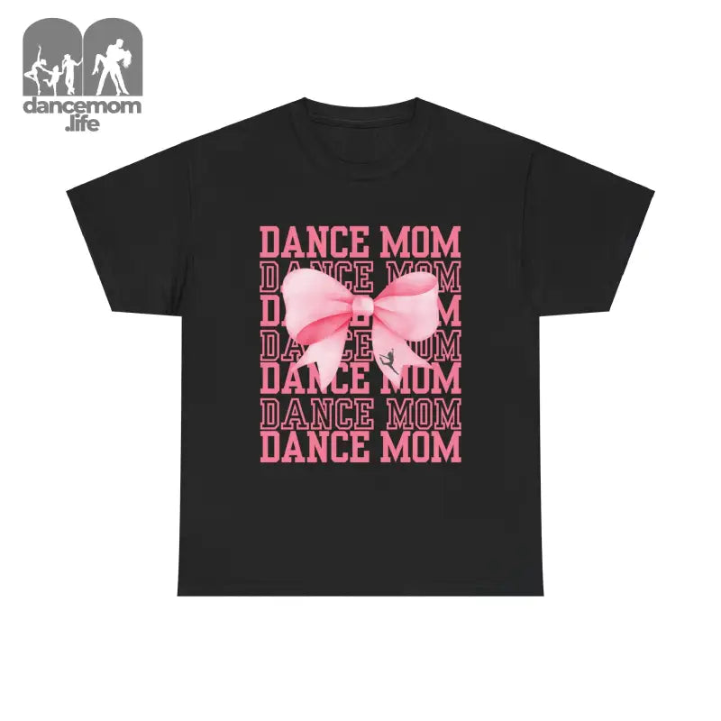 Black t-shirt with pink ’DANCE MOM’ text and bow design.