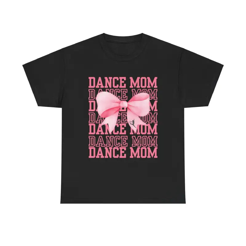 Black t-shirt with pink ’DANCE MOM’ text and bow design.
