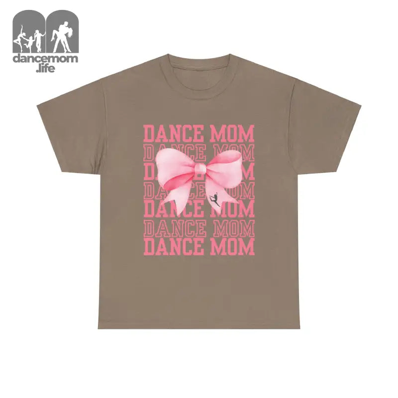 Brown t-shirt featuring ’DANCE MOM’ text repeated with a pink bow design.