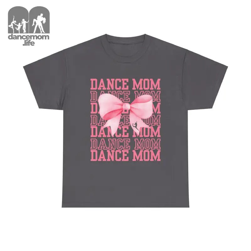 Gray t-shirt with pink ’DANCE MOM’ text and bow design.