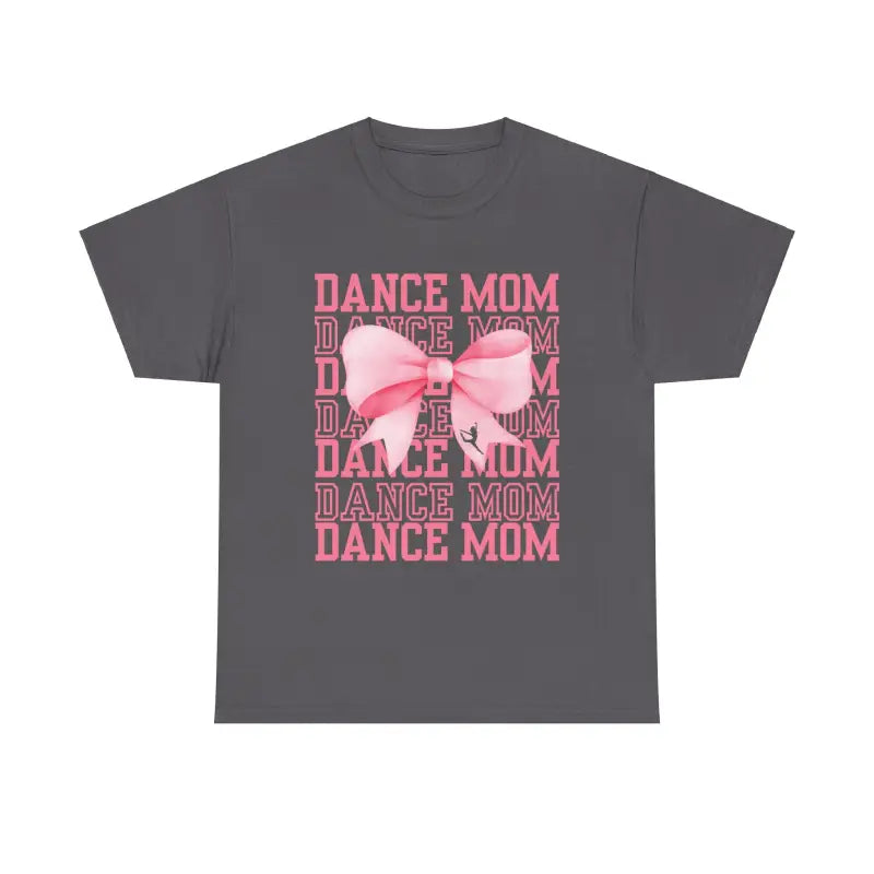 Gray t-shirt with pink ’DANCE MOM’ text and bow design.
