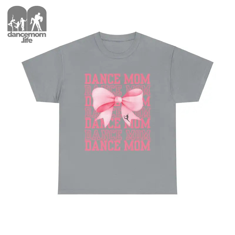 Grey t-shirt with pink ’DANCE MOM’ text and bow design.
