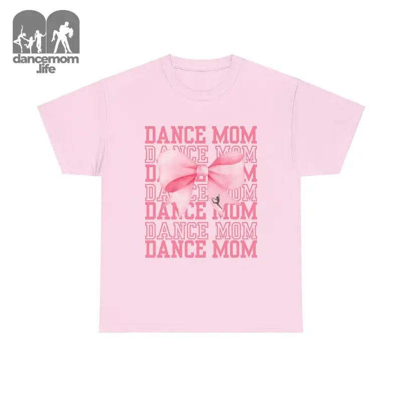 Pink t-shirt with ’DANCE MOM’ text and bow design printed in darker pink.