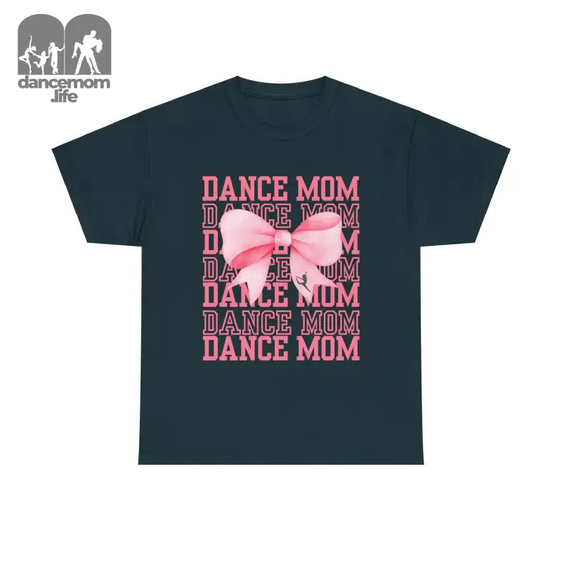 Dark t-shirt with pink ’DANCE MOM’ text repeated and a pink bow graphic.