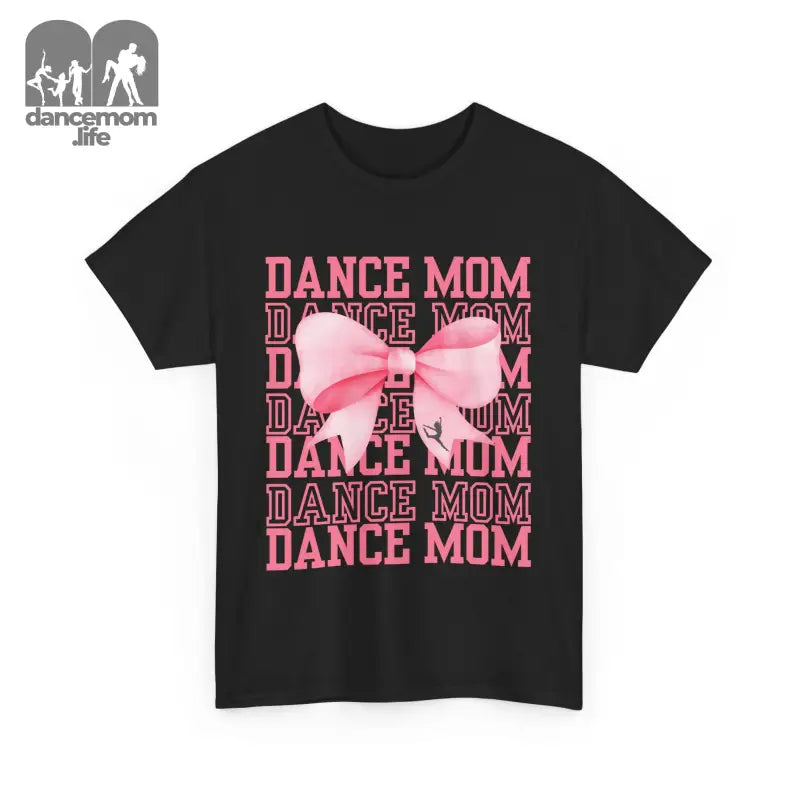 Black t-shirt with repeating pink ’DANCE MOM’ text and a pink bow design.