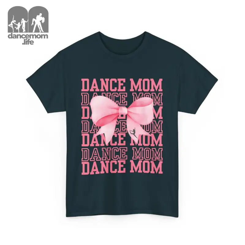 Black t-shirt with pink ’DANCE MOM’ text repeated and a pink bow design.
