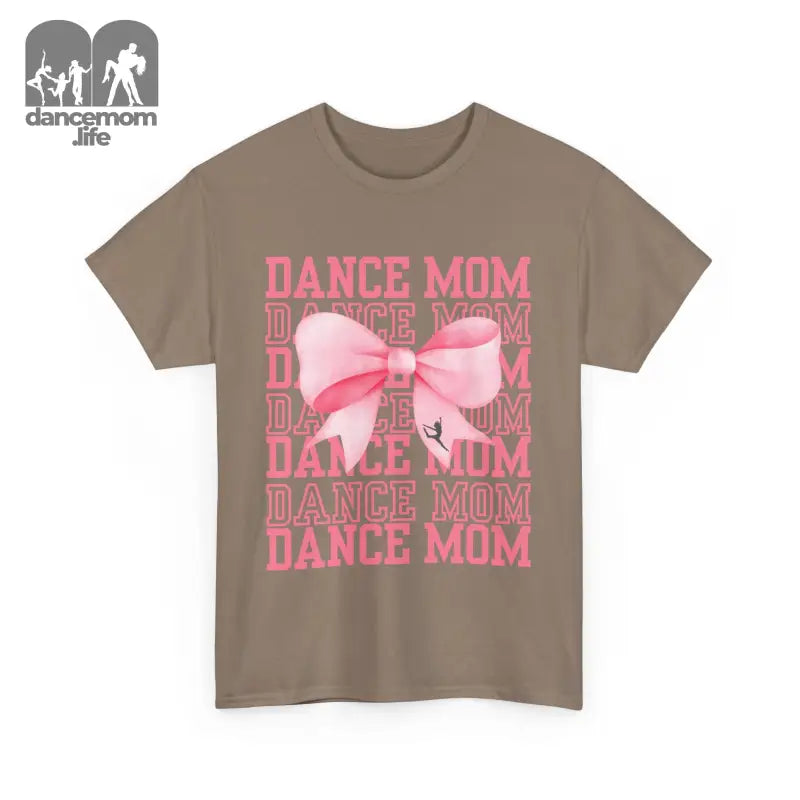 Brown t-shirt with pink ’Dance Mom’ text and bow design.