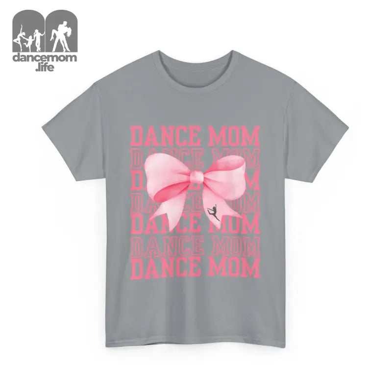 Gray t-shirt with pink ’DANCE MOM’ text and bow design.