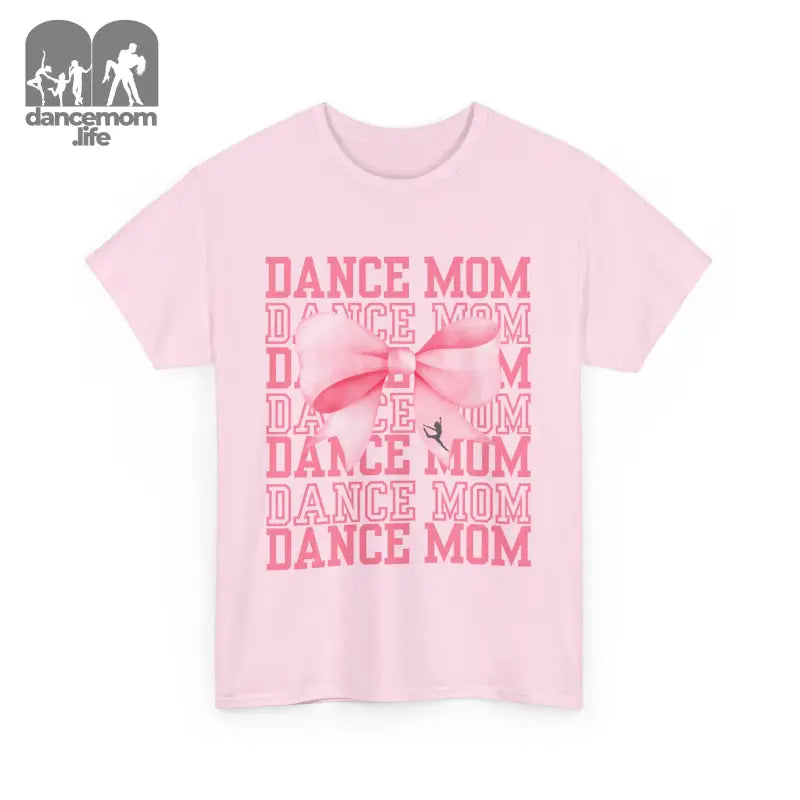 Pink t-shirt with repeating ’DANCE MOM’ text design in gradient pink shades.