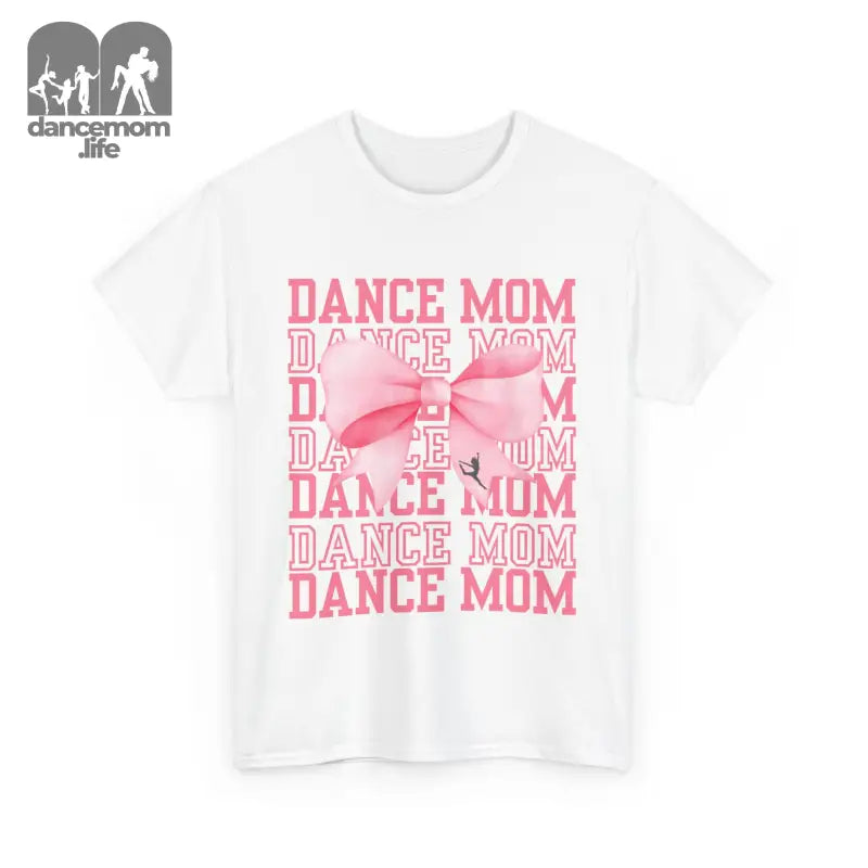 White t-shirt with pink ’DANCE MOM’ text repeated in a graphic design pattern.