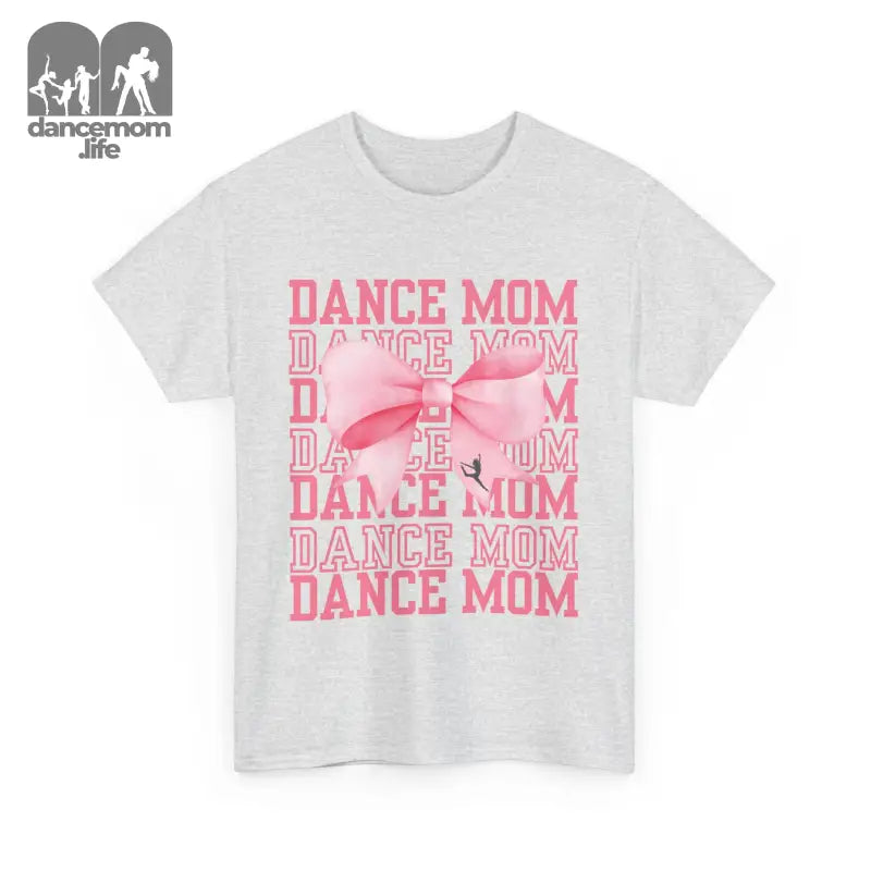 White t-shirt with pink ’DANCE MOM’ text repeated in a graphic design pattern.