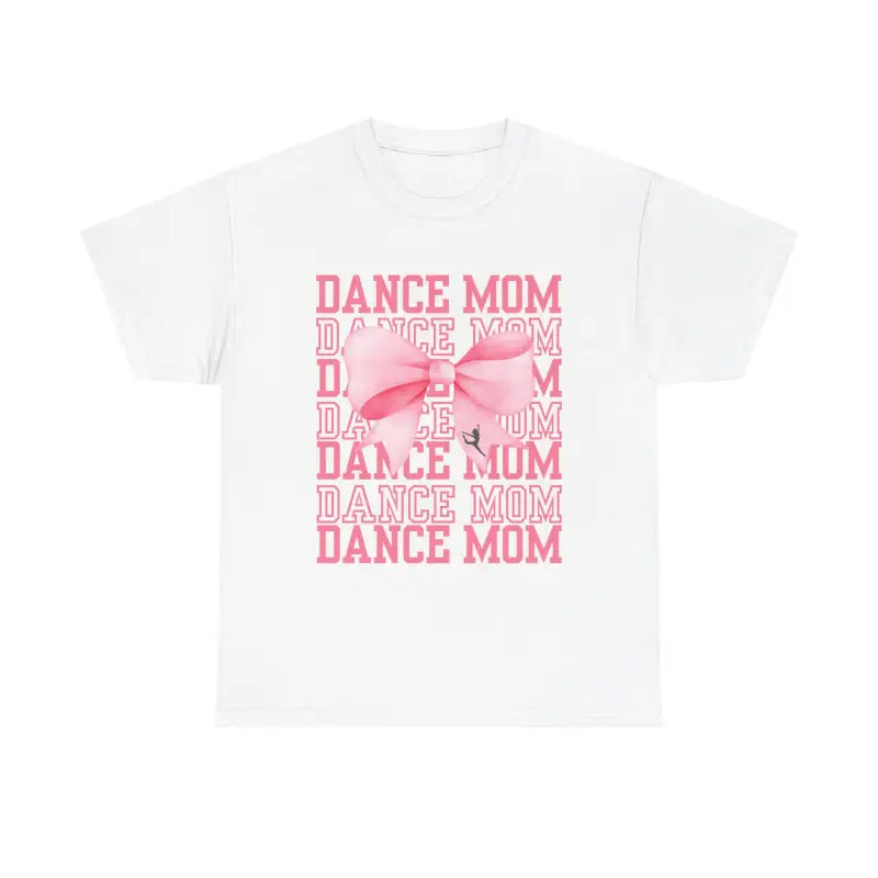 White t-shirt with pink ’DANCE MOM’ text and bow design.