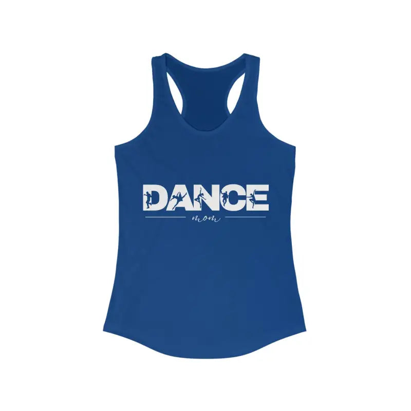 Blue racerback tank top with ’DANCE’ text printed across the front.