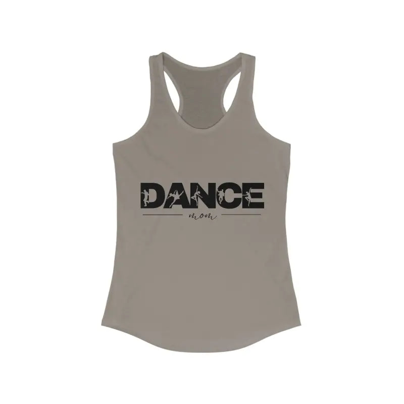 Gray racerback tank top with ’DANCE’ text printed in black.