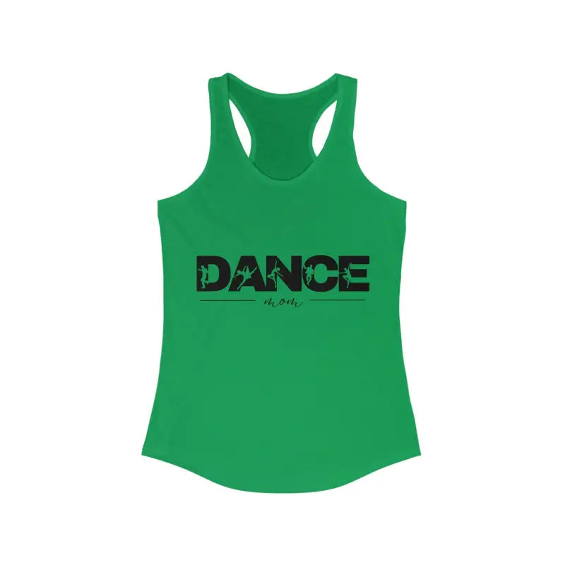 Green racerback tank top with ’DANCE’ text printed in black.
