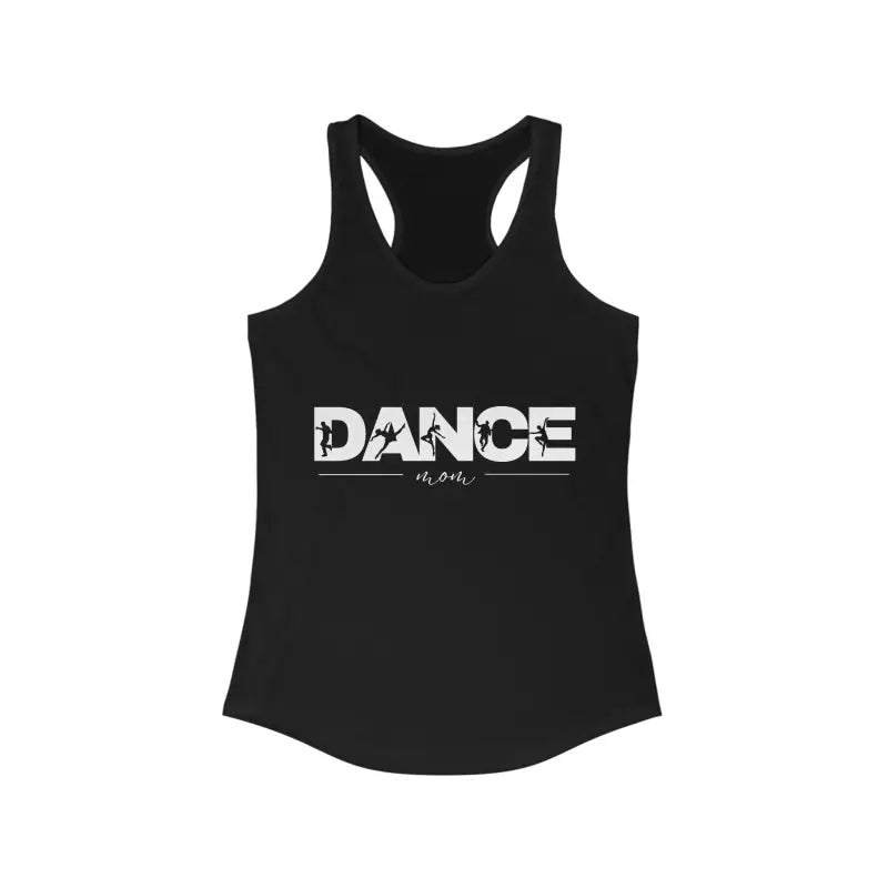 Black racerback tank top with ’DANCE’ text printed in white.
