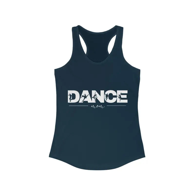 Navy blue racerback tank top with ’DANCE’ text printed across the front.