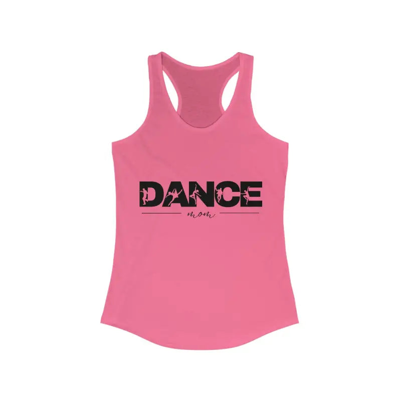 Pink racerback tank top with ’DANCE’ text printed in black.