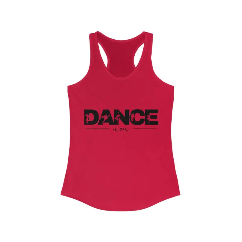 Red racerback tank top with ’DANCE’ text printed in black.
