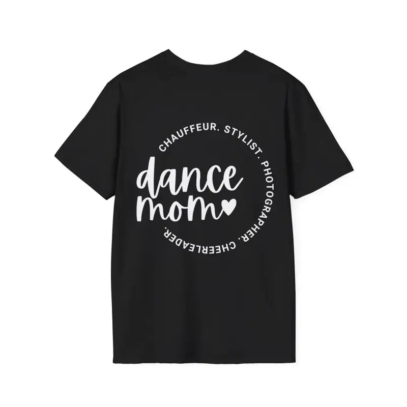 Black t-shirt with ’dance mom’ text in white circular design.