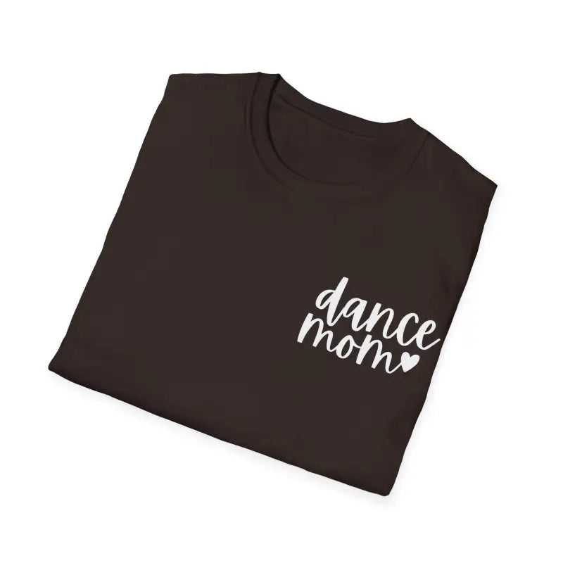 Black t-shirt with ’dance mom’ text and a heart design in white lettering.