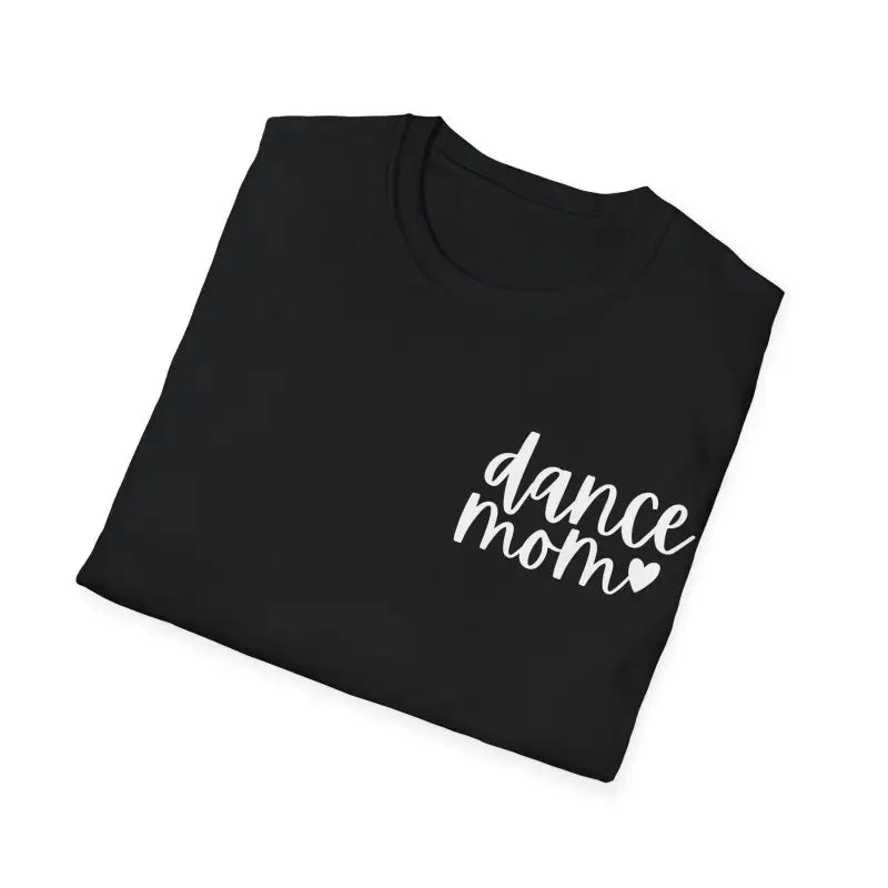 Black t-shirt with ’dance mom’ text and a heart design in white lettering.