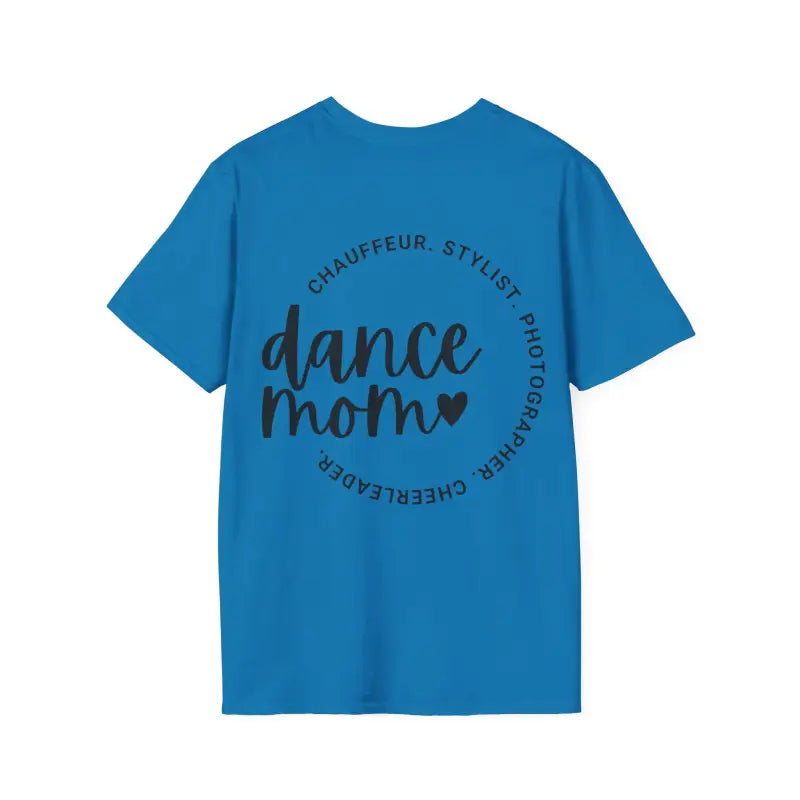 Bright blue t-shirt with ’dance mom’ text and circular typography design printed in black.