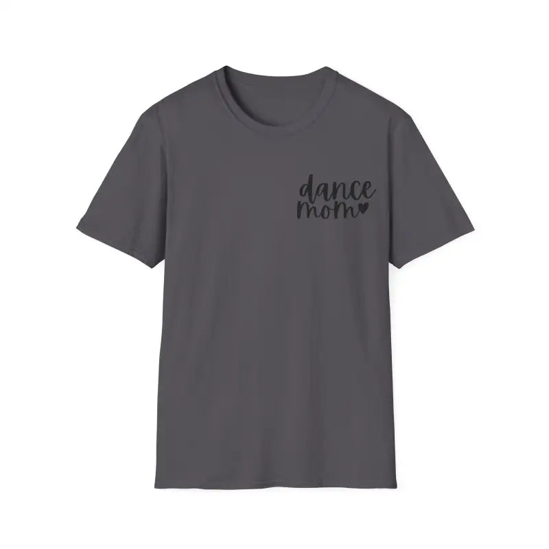 Gray t-shirt with ’dance mom’ text printed in small letters on the chest.