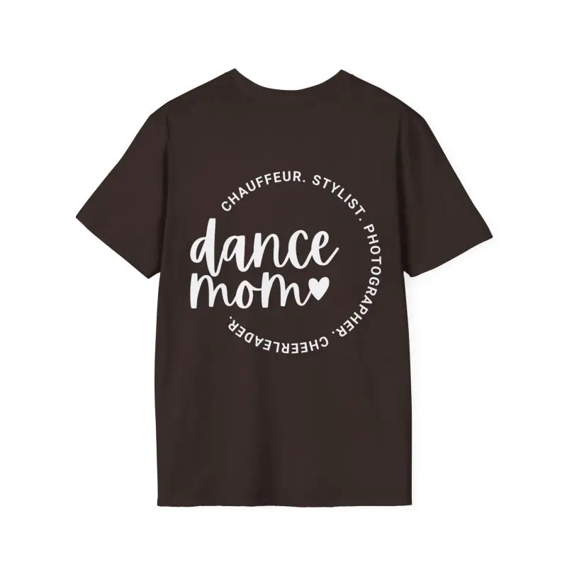 Dark brown t-shirt with ’dance mom’ text in a circular design.