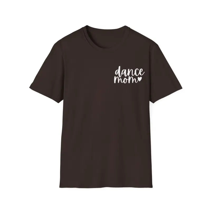 Brown t-shirt with ’dance mom’ text printed in white on the chest.