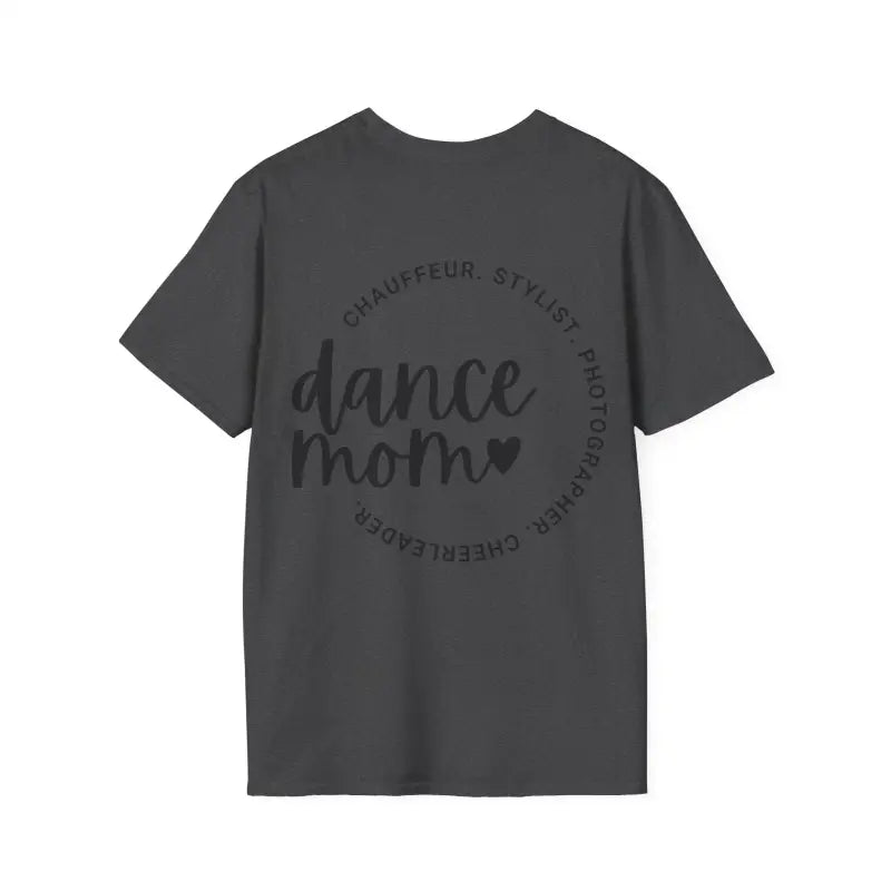 Dark gray t-shirt with ’dance mom’ text in a circular design.