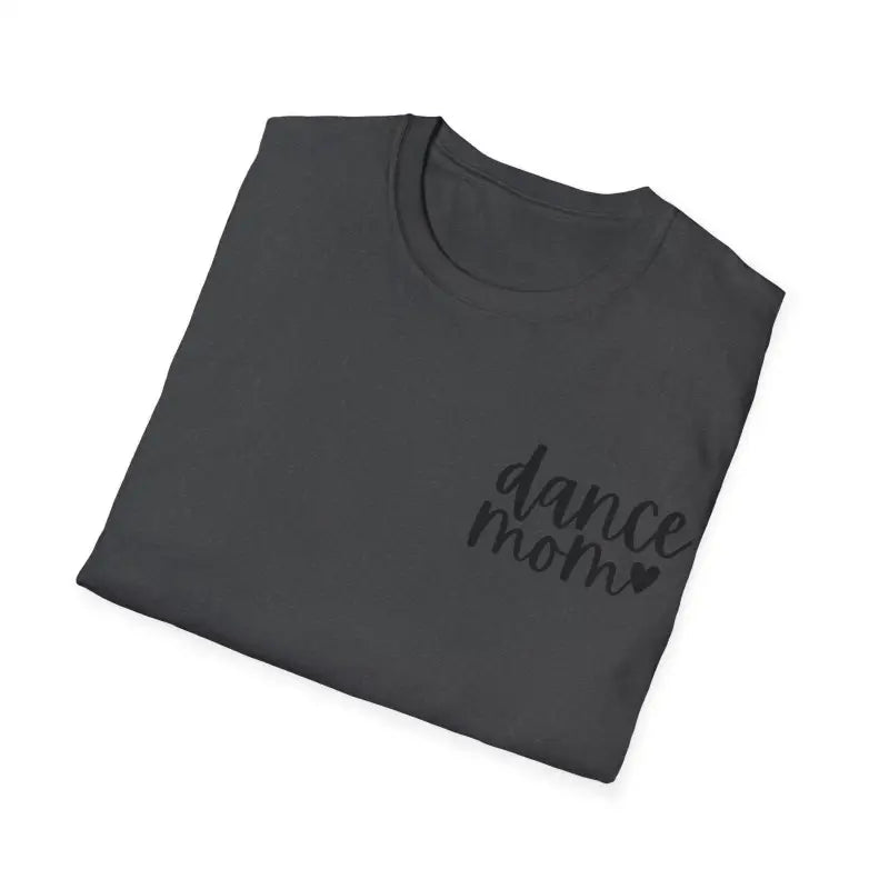 Dark gray t-shirt with ’dance mom’ text printed on it.