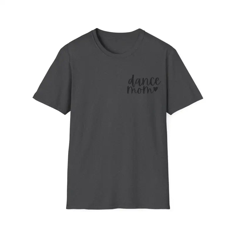 Dark gray t-shirt with ’dance’ text printed in small letters on the chest.