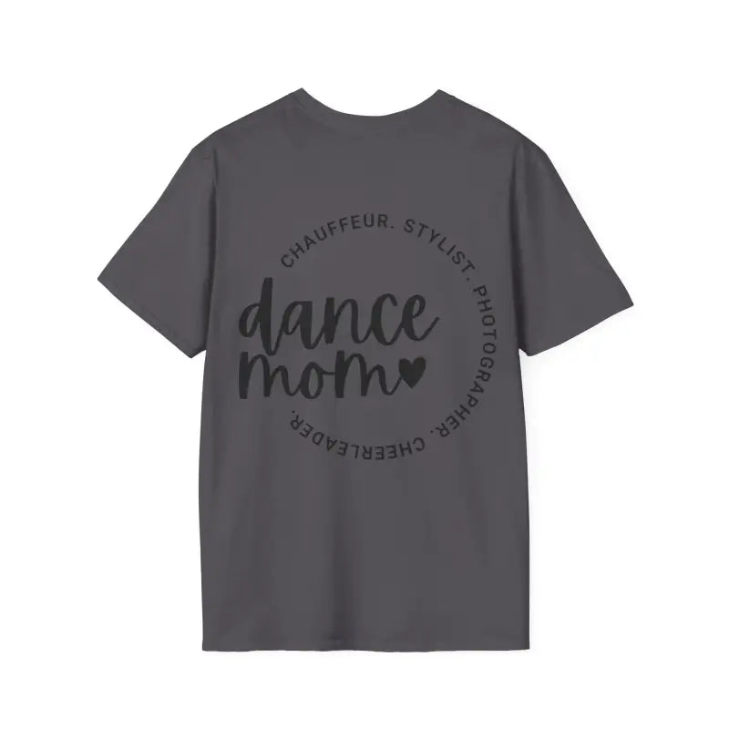 Gray t-shirt with ’dance mom’ text in a circular design.