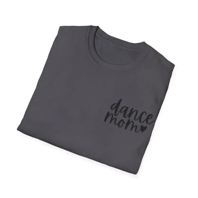 Gray t-shirt with ’dance mom’ text and a heart design printed on it.