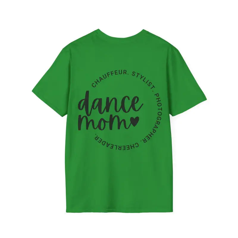 Green t-shirt with ’dance mom’ text in a circular design.
