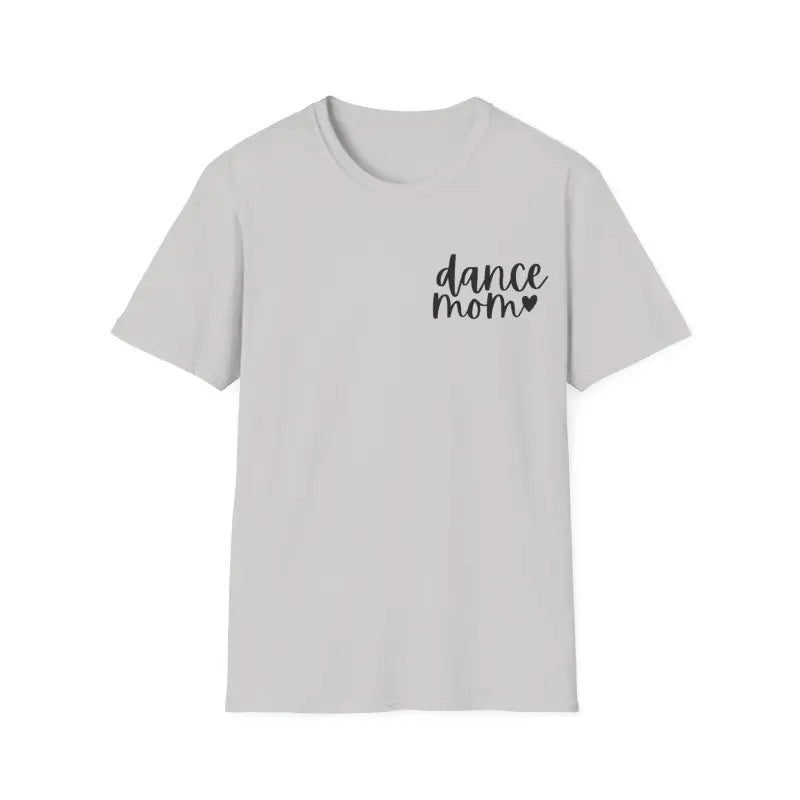 Light gray t-shirt with ’dance mom’ text and a heart design on the chest.
