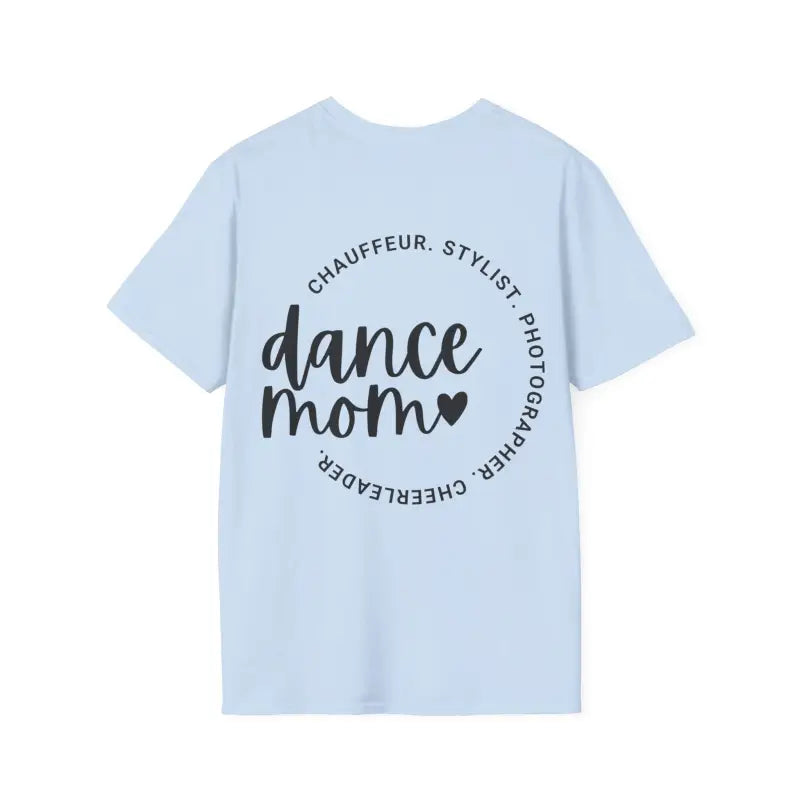 Light blue t-shirt with ’dance mom’ text and circular typography design.
