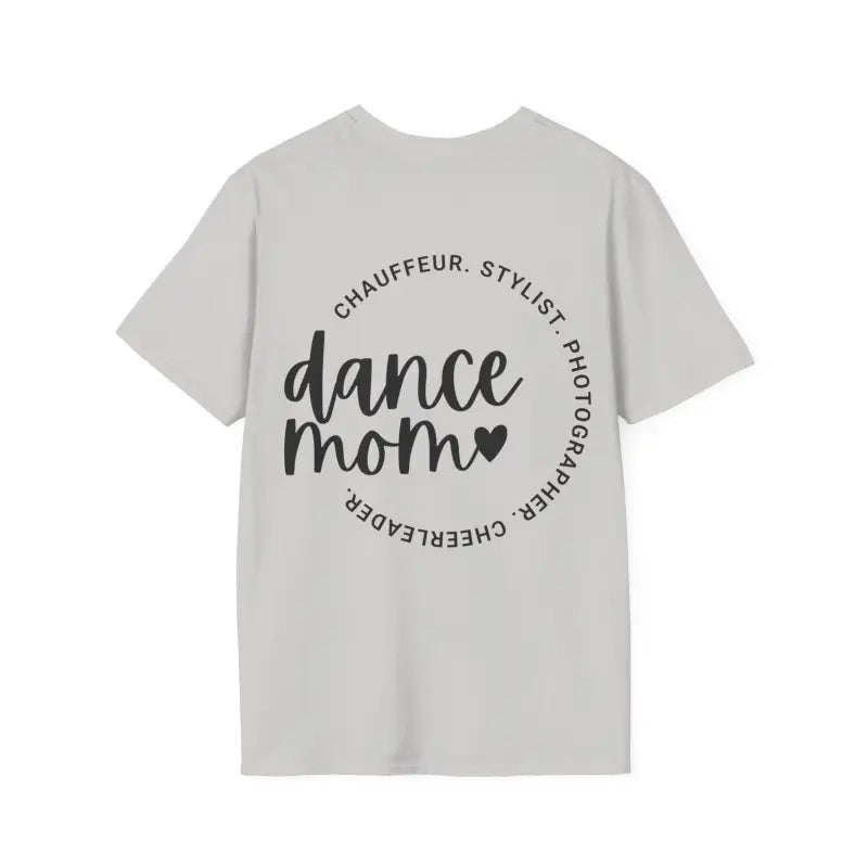Light gray t-shirt with ’dance mom’ text in a circular design.