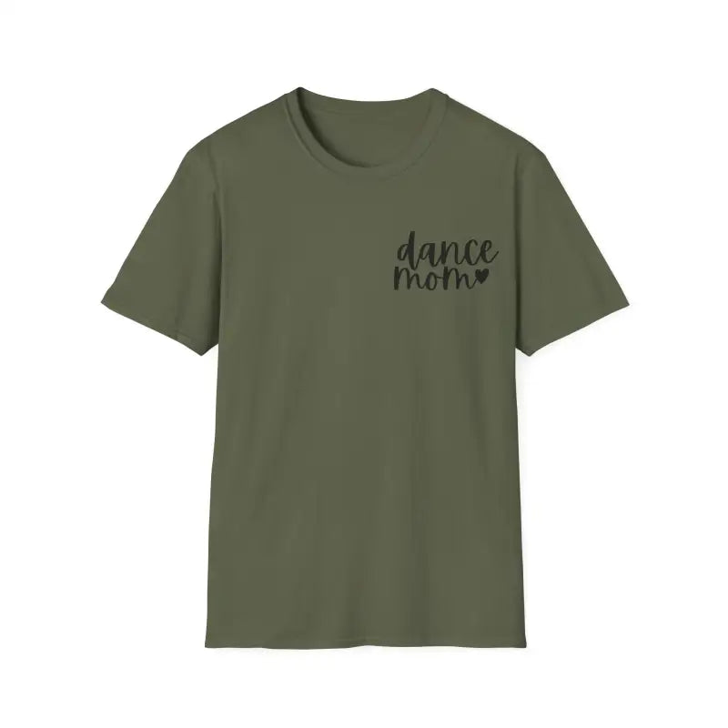 Olive green t-shirt with ’dance mom’ text printed in small letters on the chest.