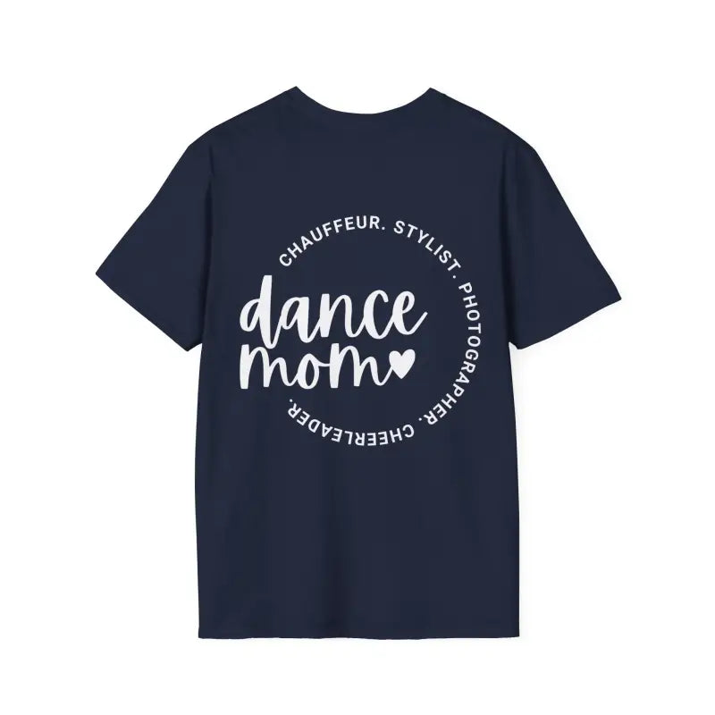 Navy blue t-shirt with ’dance mom’ text in a circular design.
