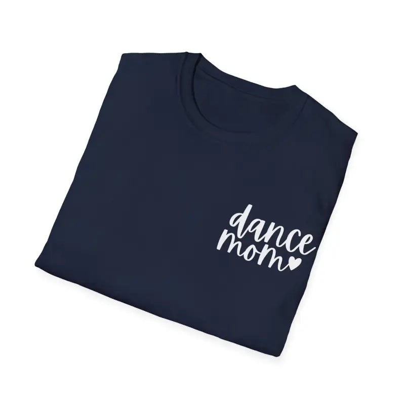 Navy blue t-shirt with ’dance mom’ text and a heart design in white lettering.