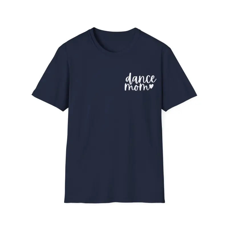 Navy blue t-shirt with ’dance mom’ text and a heart in white lettering on the chest.