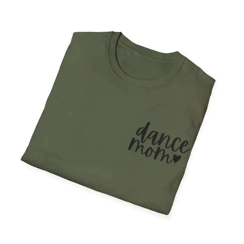 Olive green t-shirt with ’dance mom’ text and a heart design printed on it.