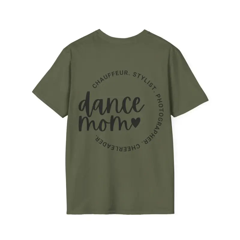 Olive green t-shirt with ’dance mom’ text in a circular design.