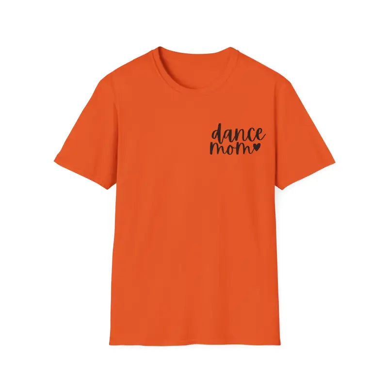 Orange t-shirt with ’dance mom’ text and a heart design printed on the chest.